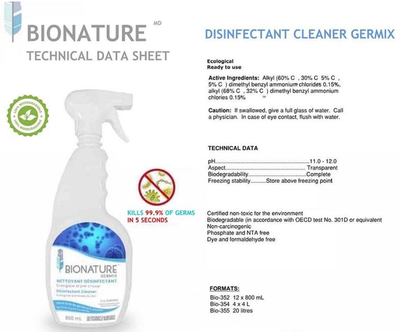 Germix Bionature Ready to Use Disinfectant 800 ml Spray Bottle - Kills 99.9% of Germs in 5 seconds