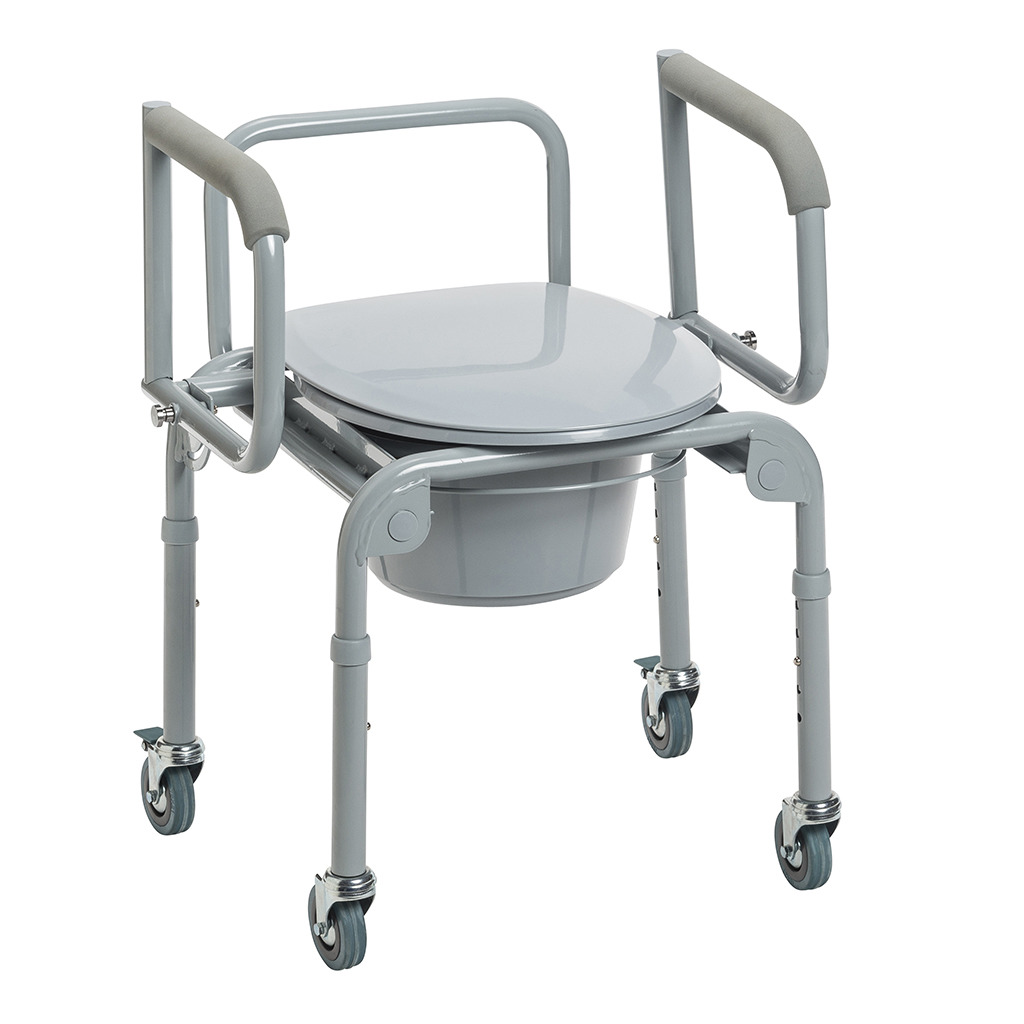 Wheeled Height Adjustable Commode Steel - Drop Arm 2