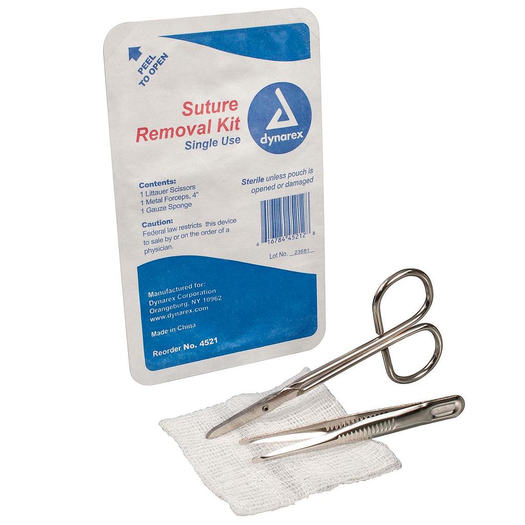 SUTURE REMOVAL KIT STERILE PLASTIC TRAY W/ 1 LITTAUER SCISSORS, GAUZE SPONGE & 4" METAL FORCEPS