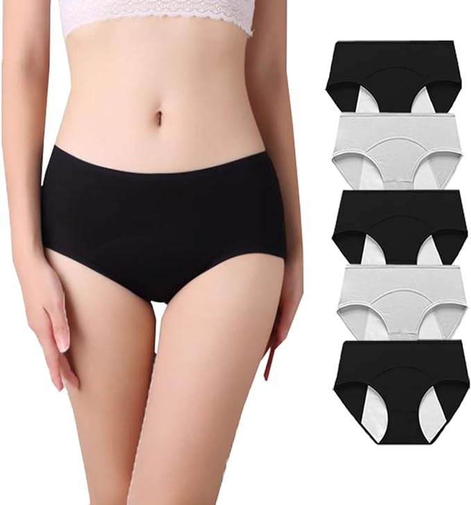 Cotton Menstrual Underwear, Leakproof Panties for Women (5 Pack) BLACK AND GREY