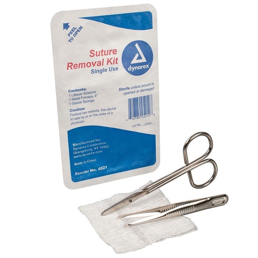 [40000009464] SUTURE REMOVAL KIT STERILE PLASTIC TRAY W/ 1 LITTAUER SCISSORS, GAUZE SPONGE & 4" METAL FORCEPS
